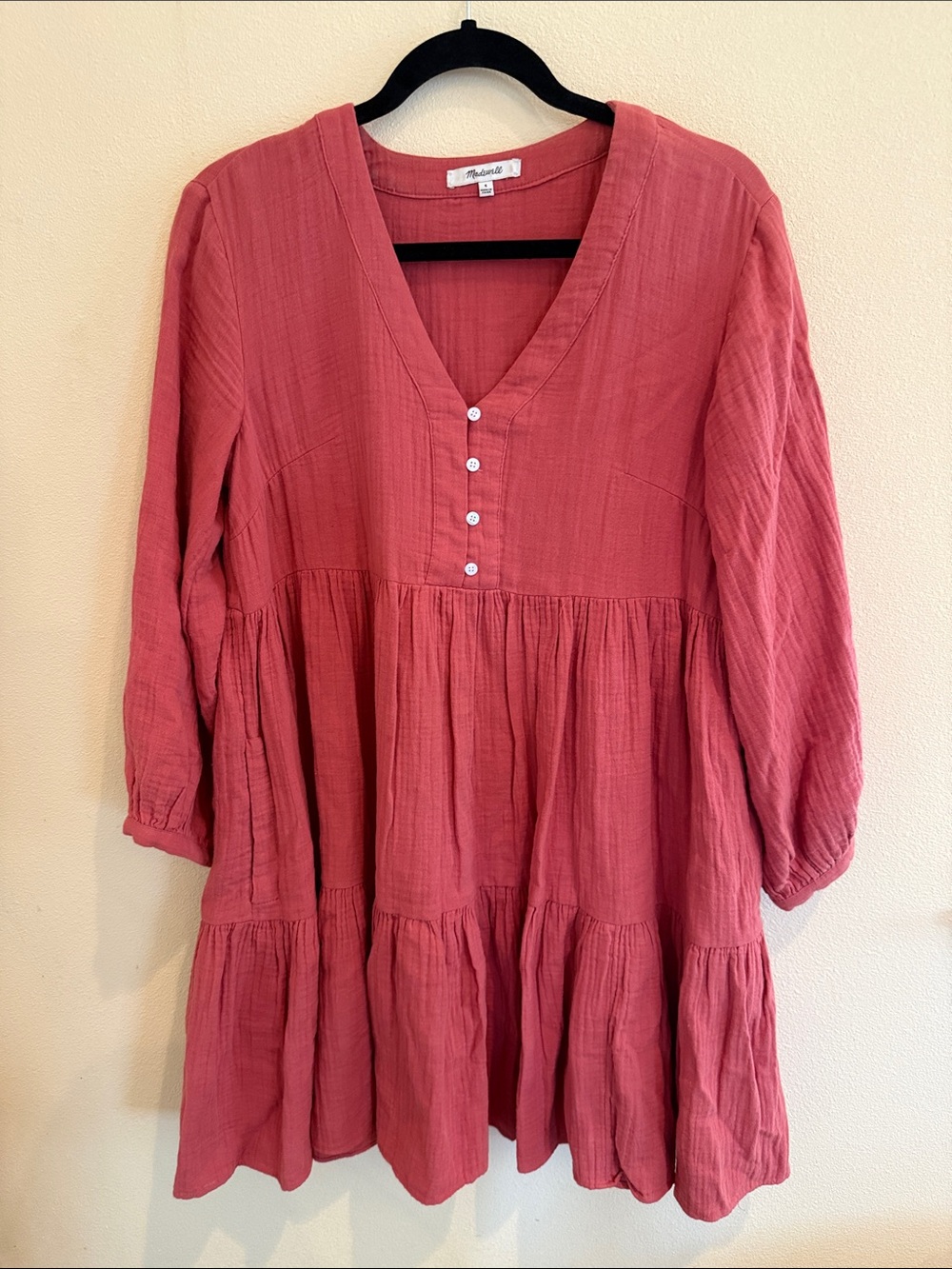 Madewell Cotton Soft Gauze Dusty Rose Long-Sleeve Dress